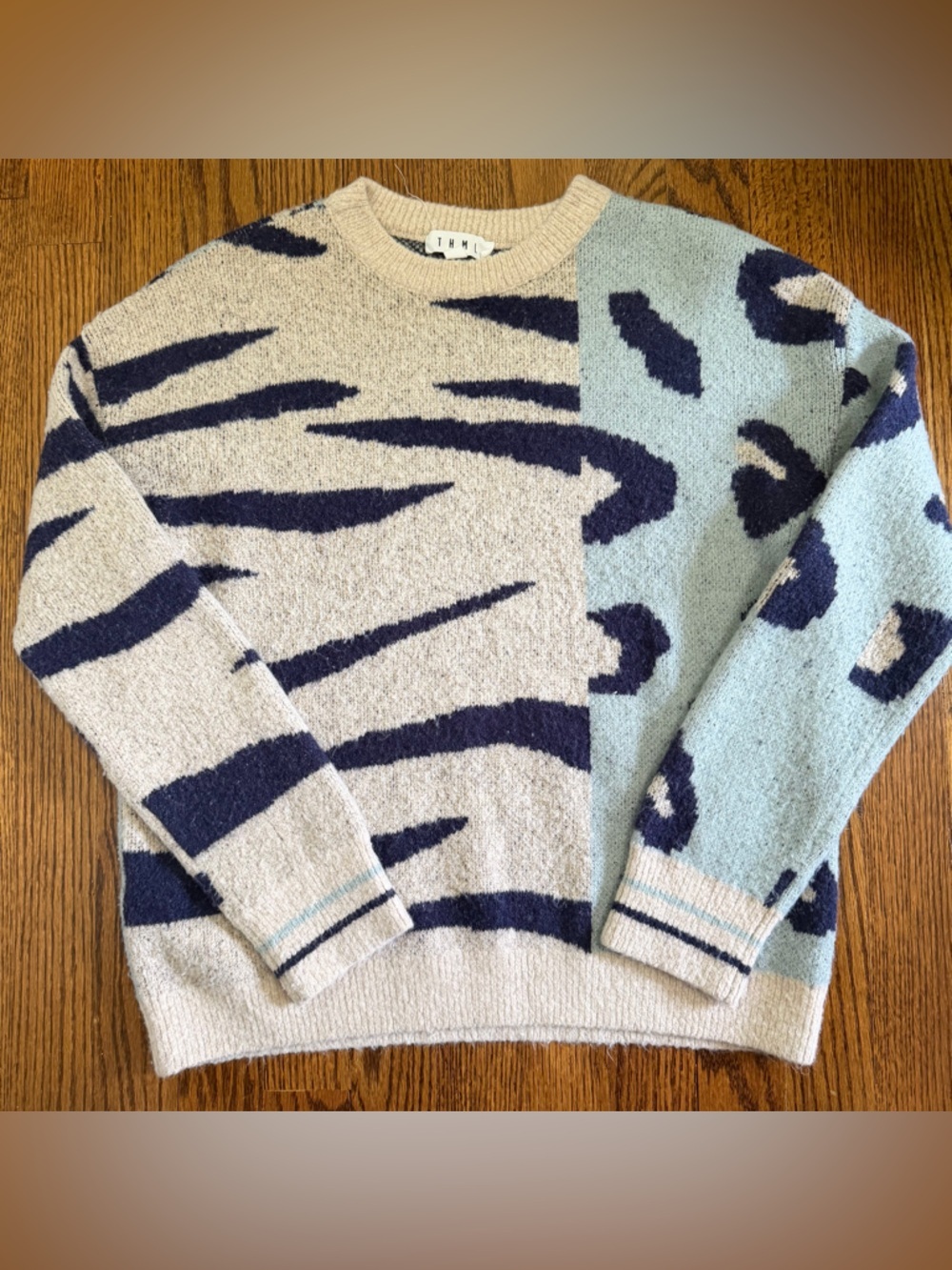 THML Tan Soft Blue Geo Design Sweater Size XS